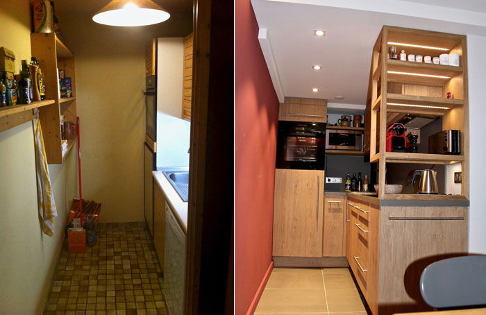 L'espace cuisine avant et après les travaux